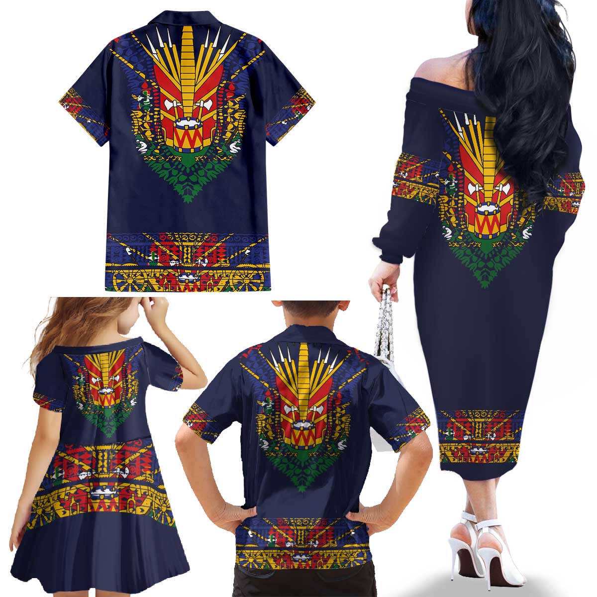 Haiti Flag Traditional Dashiki Family Matching Off The Shoulder Long Sleeve Dress and Hawaiian Shirt Black Color - Polynesian Pride