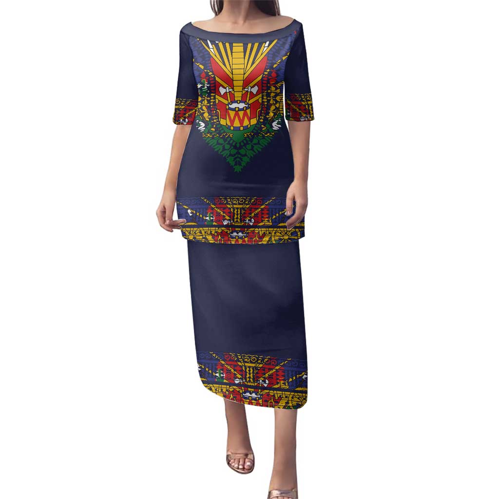 Haiti Flag Traditional Dashiki Family Matching Puletasi and Hawaiian Shirt Black Color - Polynesian Pride