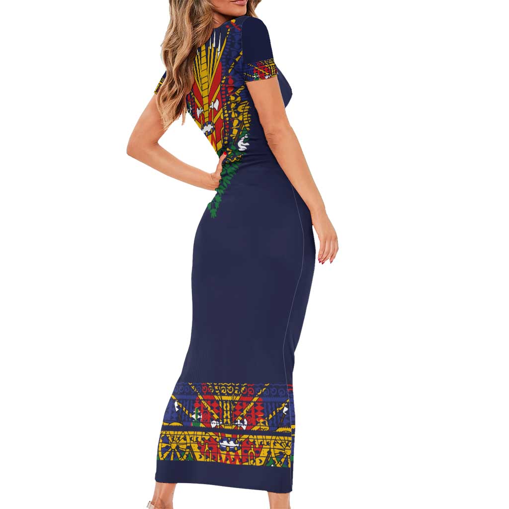 Haiti Flag Traditional Dashiki Family Matching Short Sleeve Bodycon Dress and Hawaiian Shirt Black Color LT03 - Polynesian Pride