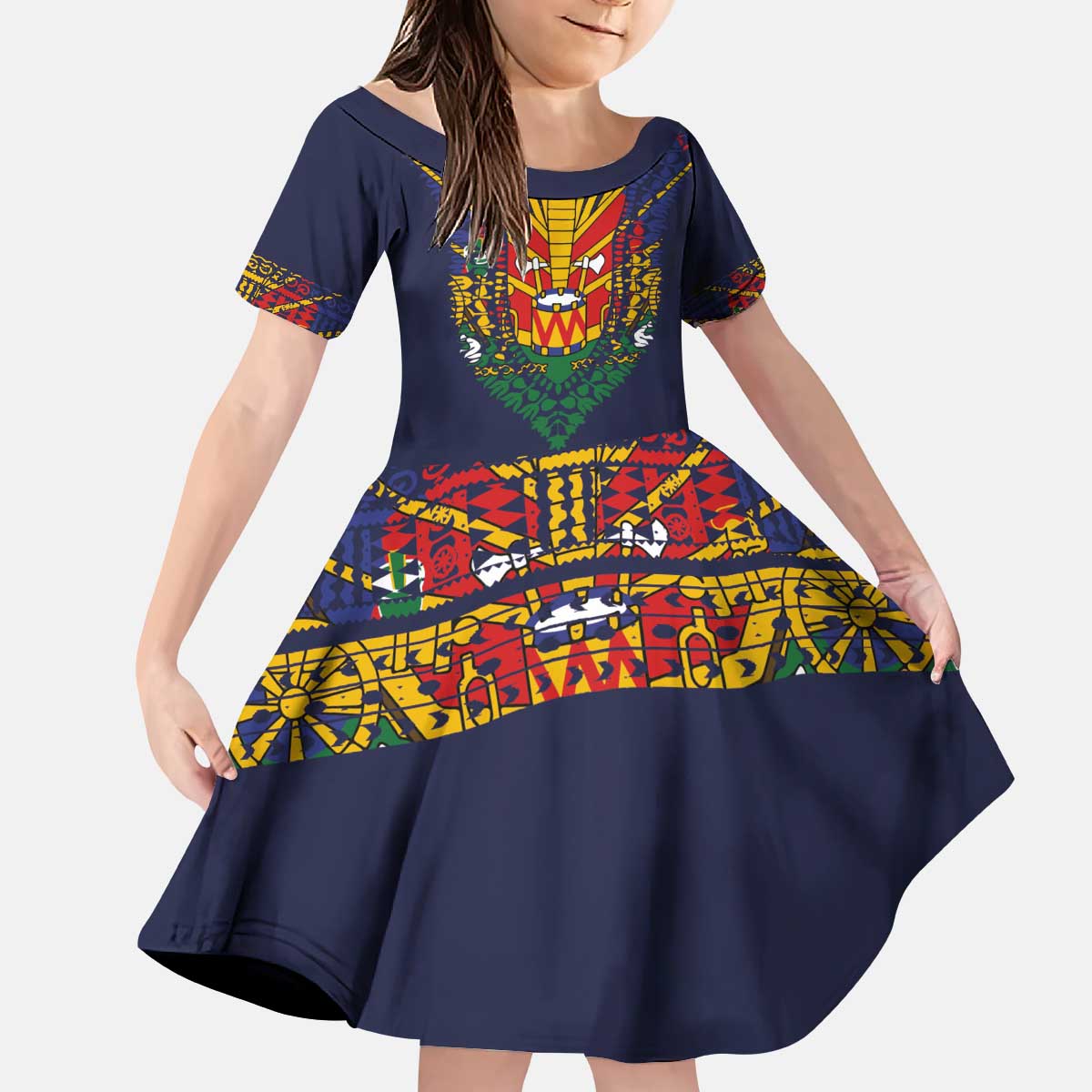 Haiti Flag Traditional Dashiki Kid Short Sleeve Dress Black Color - Polynesian Pride