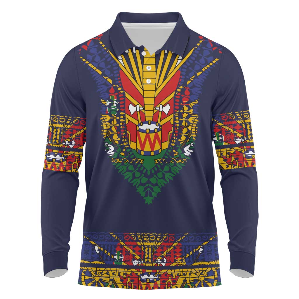 Haiti Flag Traditional Dashiki Long Sleeve Polo Shirt Black Color LT03 Black - Polynesian Pride
