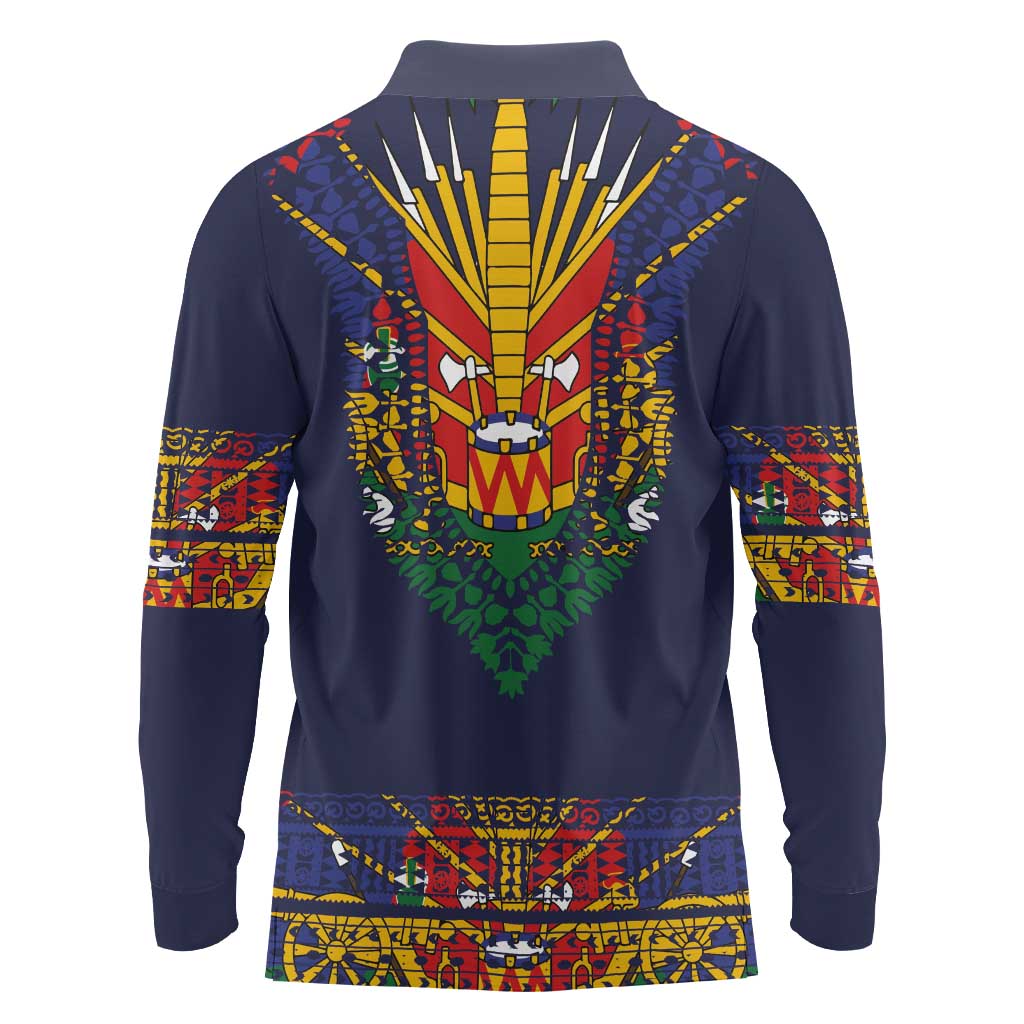 Haiti Flag Traditional Dashiki Long Sleeve Polo Shirt Black Color LT03 - Polynesian Pride