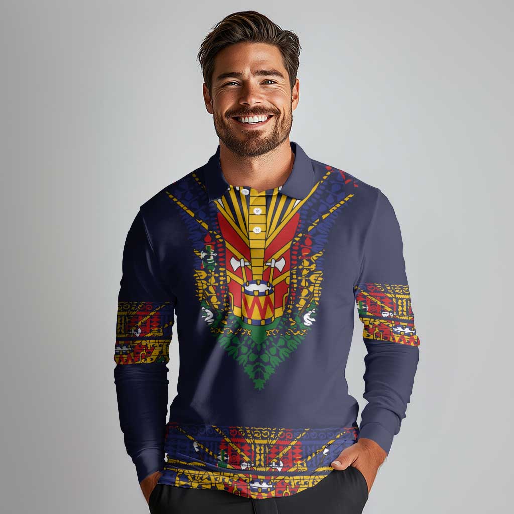 Haiti Flag Traditional Dashiki Long Sleeve Polo Shirt Black Color LT03 - Polynesian Pride