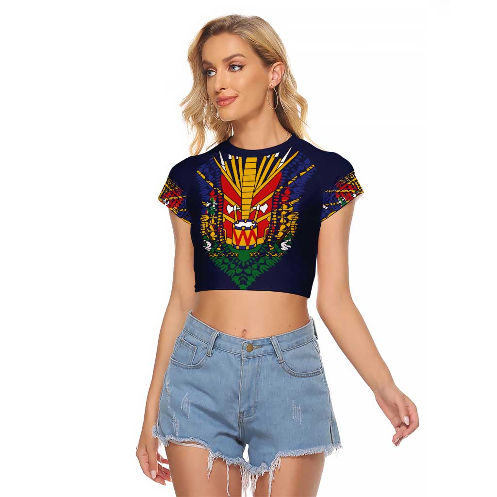 Haiti Flag Traditional Dashiki Raglan Cropped T Shirt Black Color - Polynesian Pride