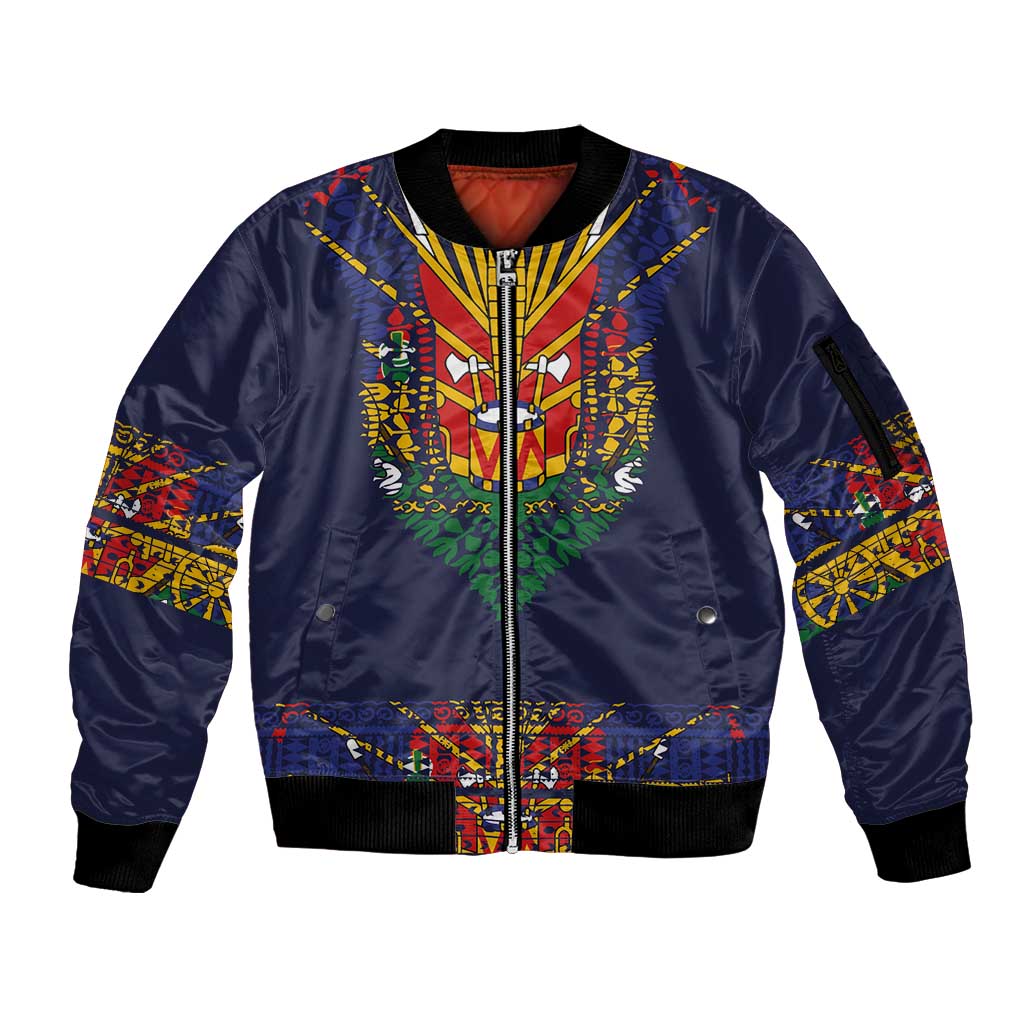 Haiti Flag Traditional Dashiki Sleeve Zip Bomber Jacket Black Color LT03 Unisex Black - Polynesian Pride