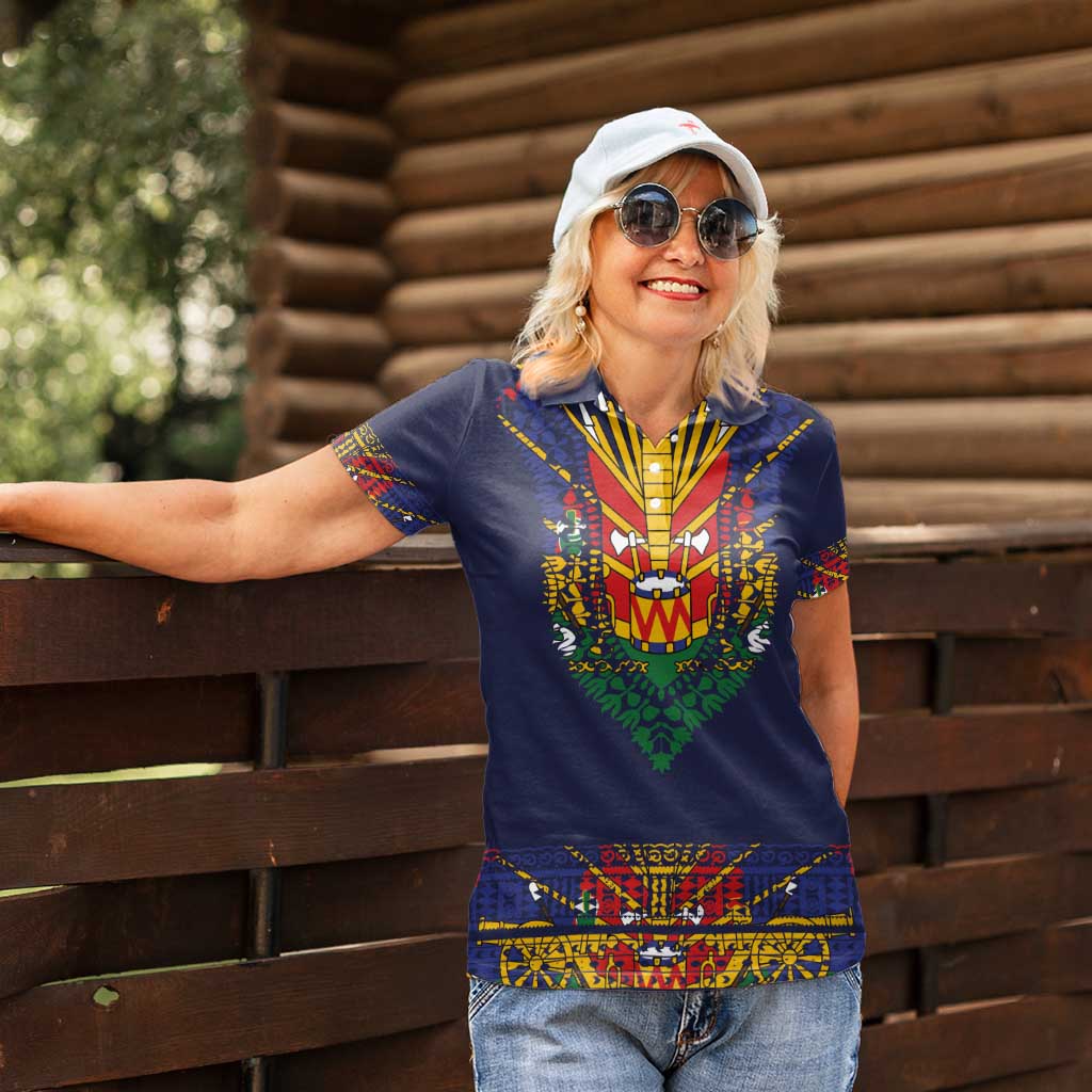 Haiti Flag Traditional Dashiki Women Polo Shirt Black Color - Polynesian Pride