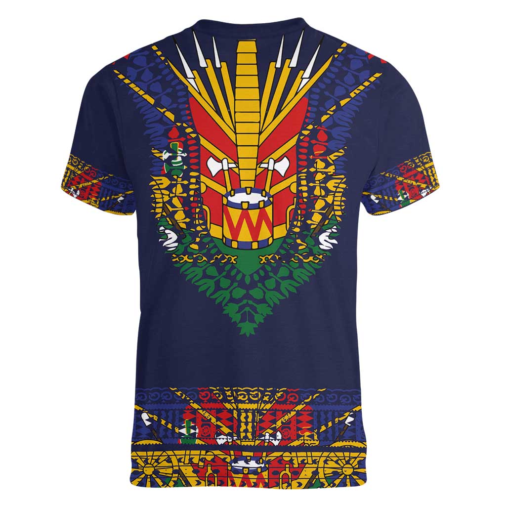 Haiti Flag Traditional Dashiki Women V-Neck T-Shirt Black Color LT03 - Polynesian Pride