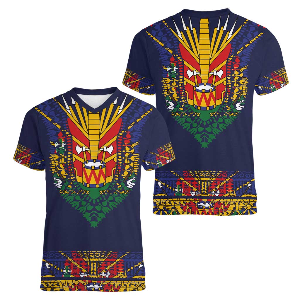 Haiti Flag Traditional Dashiki Women V-Neck T-Shirt Black Color LT03 - Polynesian Pride