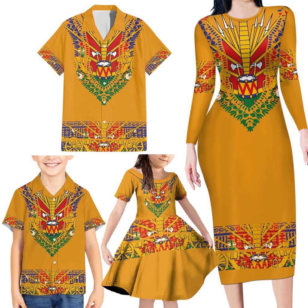 Haiti Flag Traditional Dashiki Family Matching Long Sleeve Bodycon Dress and Hawaiian Shirt Yellow Color - Polynesian Pride
