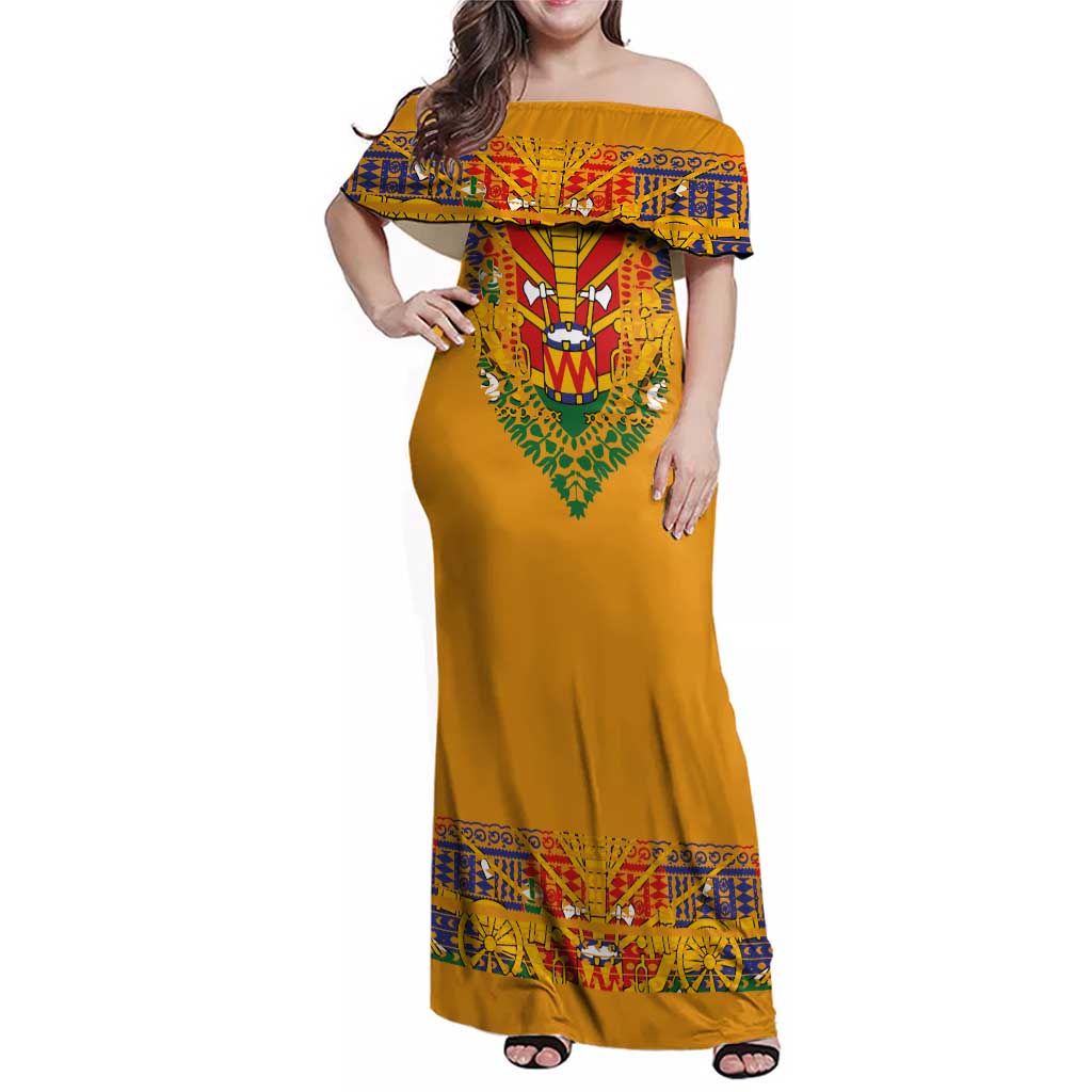 Haiti Flag Traditional Dashiki Family Matching Off Shoulder Maxi Dress and Hawaiian Shirt Yellow Color - Polynesian Pride