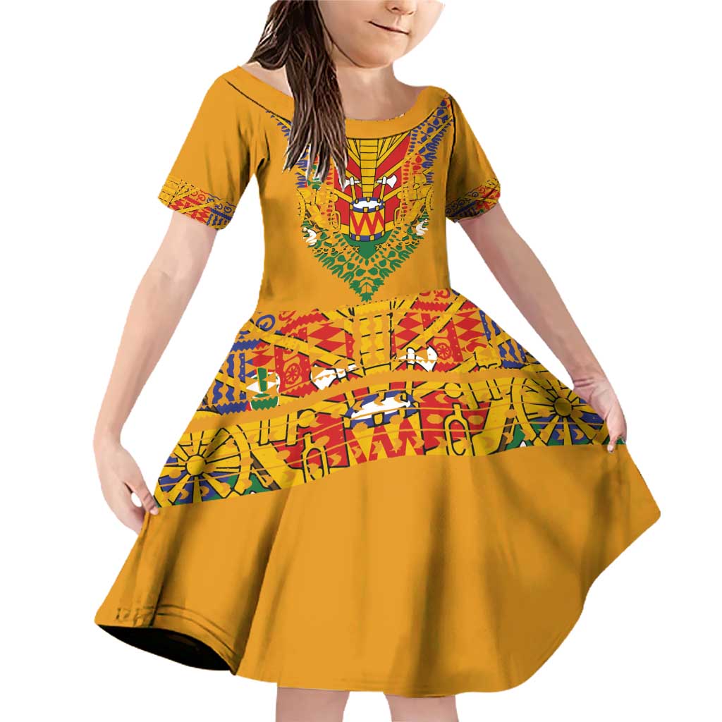 Haiti Flag Traditional Dashiki Family Matching Off Shoulder Short Dress and Hawaiian Shirt Yellow Color - Polynesian Pride