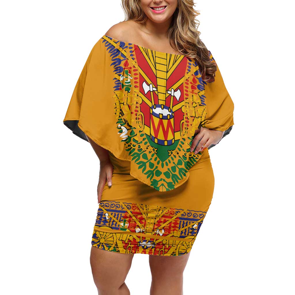 Haiti Flag Traditional Dashiki Family Matching Off Shoulder Short Dress and Hawaiian Shirt Yellow Color - Polynesian Pride