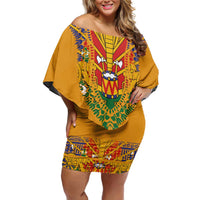 Haiti Flag Traditional Dashiki Family Matching Off Shoulder Short Dress and Hawaiian Shirt Yellow Color - Polynesian Pride