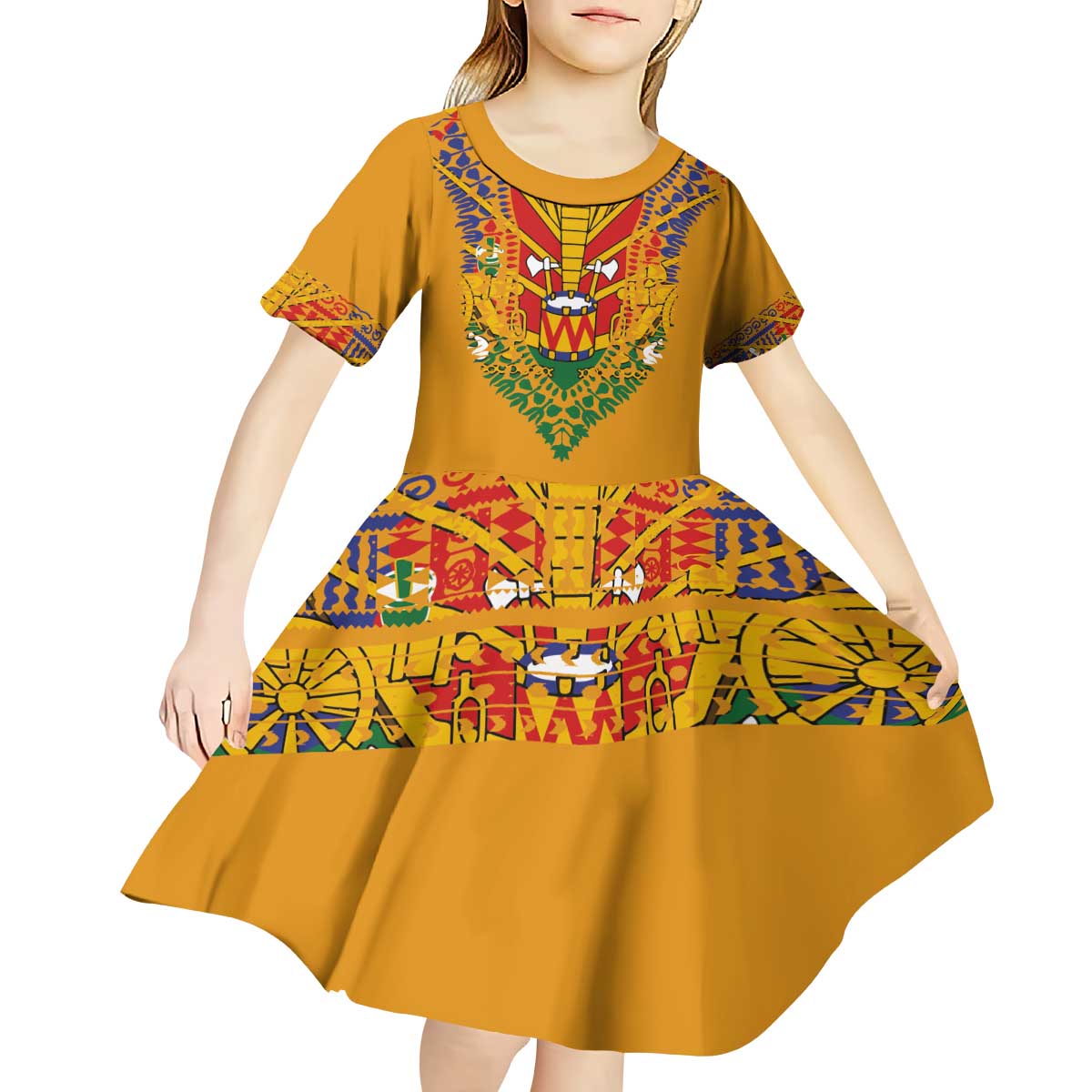 Haiti Flag Traditional Dashiki Kid Short Sleeve Dress Yellow Color - Polynesian Pride