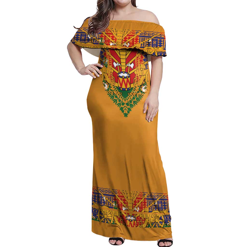 Haiti Flag Traditional Dashiki Off Shoulder Maxi Dress Yellow Color - Polynesian Pride