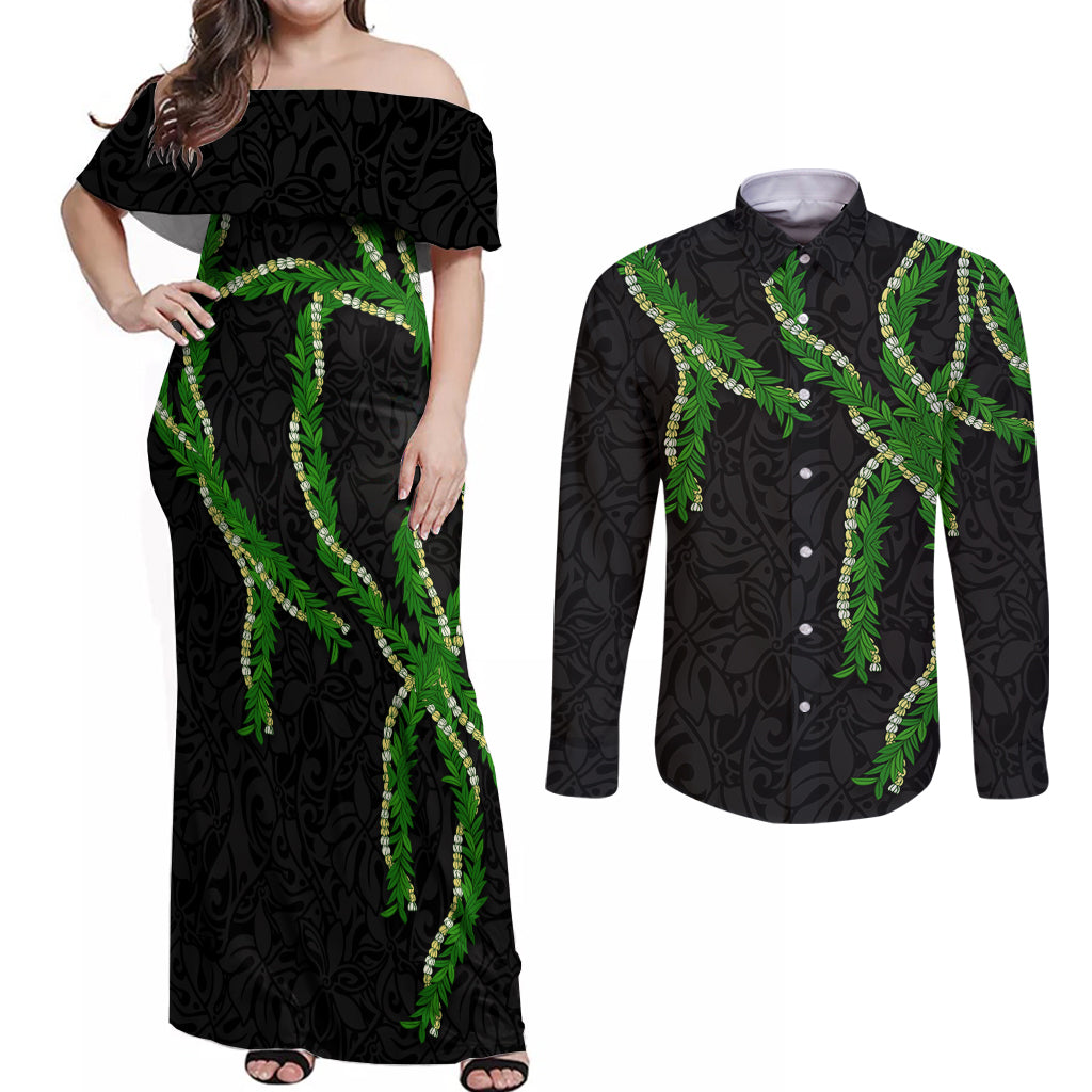 Hawaii Maile Lei Couples Matching Off Shoulder Maxi Dress and Long Sleeve Button Shirt Aloha Black Color
