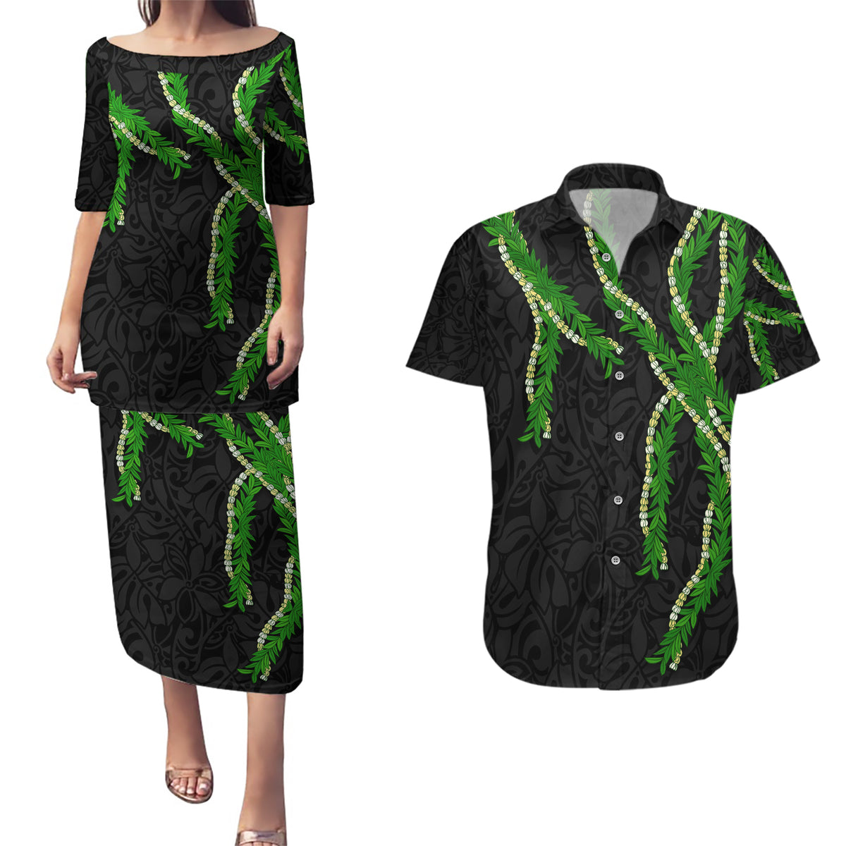 Hawaii Maile Lei Couples Matching Puletasi and Hawaiian Shirt Aloha Black Color