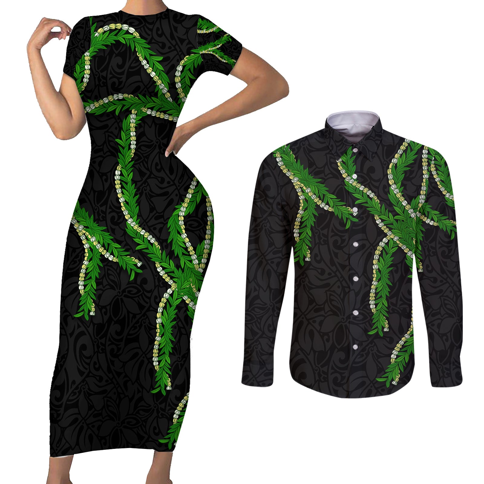 Hawaii Maile Lei Couples Matching Short Sleeve Bodycon Dress and Long Sleeve Button Shirt Aloha Black Color