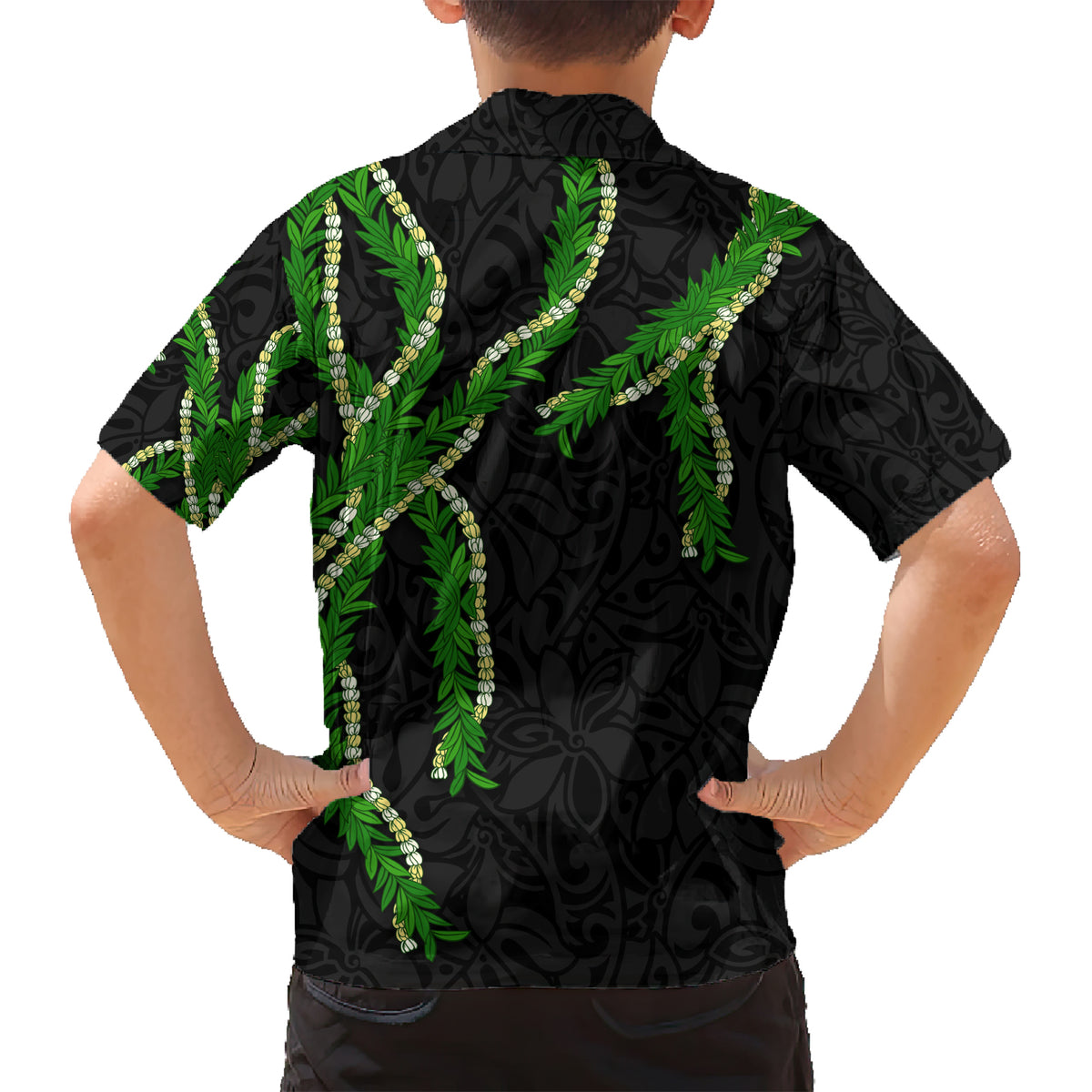 Hawaii Maile Lei Family Matching Short Sleeve Bodycon Dress and Hawaiian Shirt Aloha Black Color