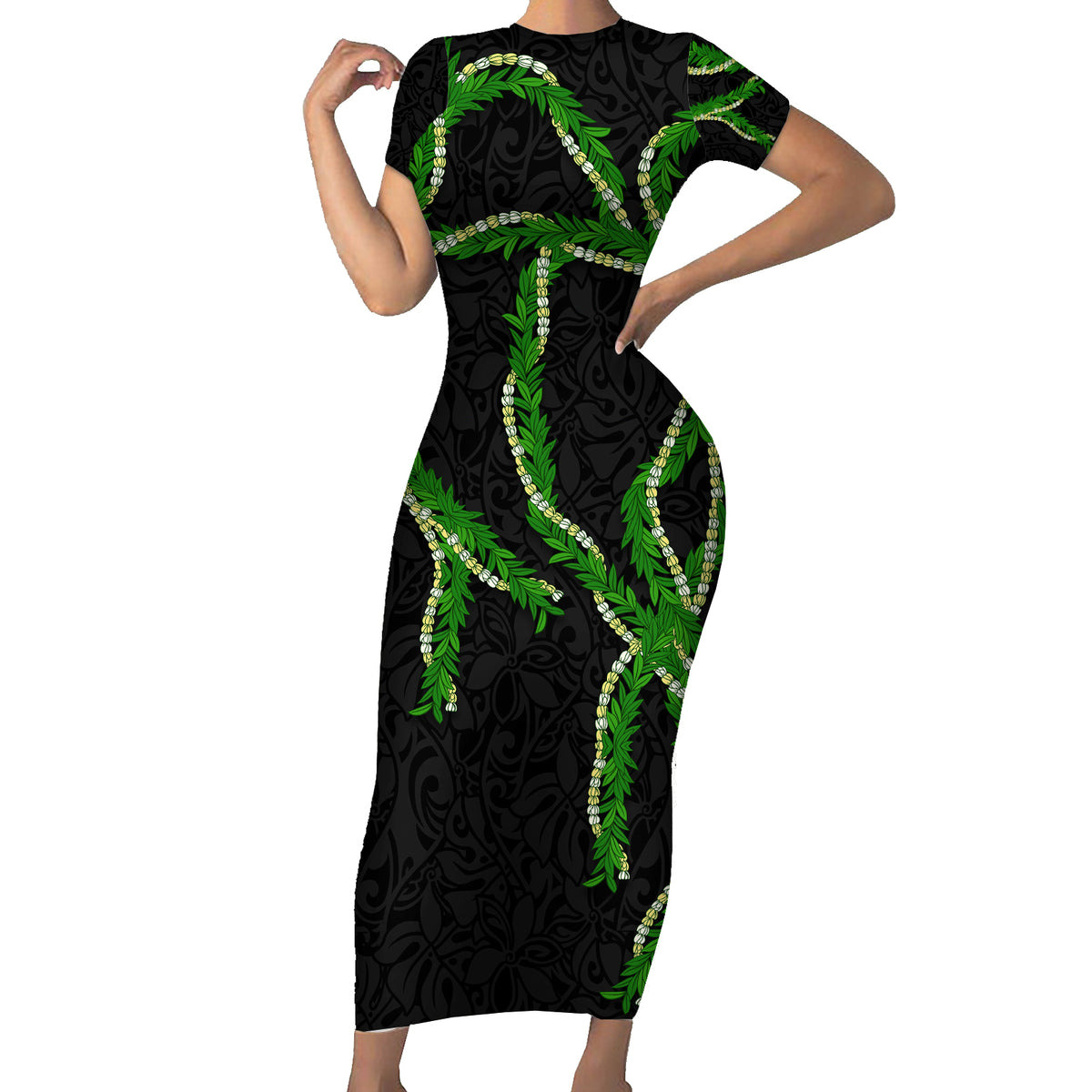 Hawaii Maile Lei Short Sleeve Bodycon Dress Aloha Black Color