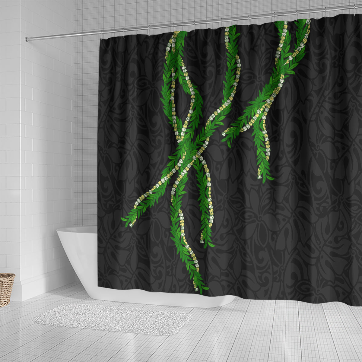 Hawaii Maile Lei Shower Curtain Aloha Black Color