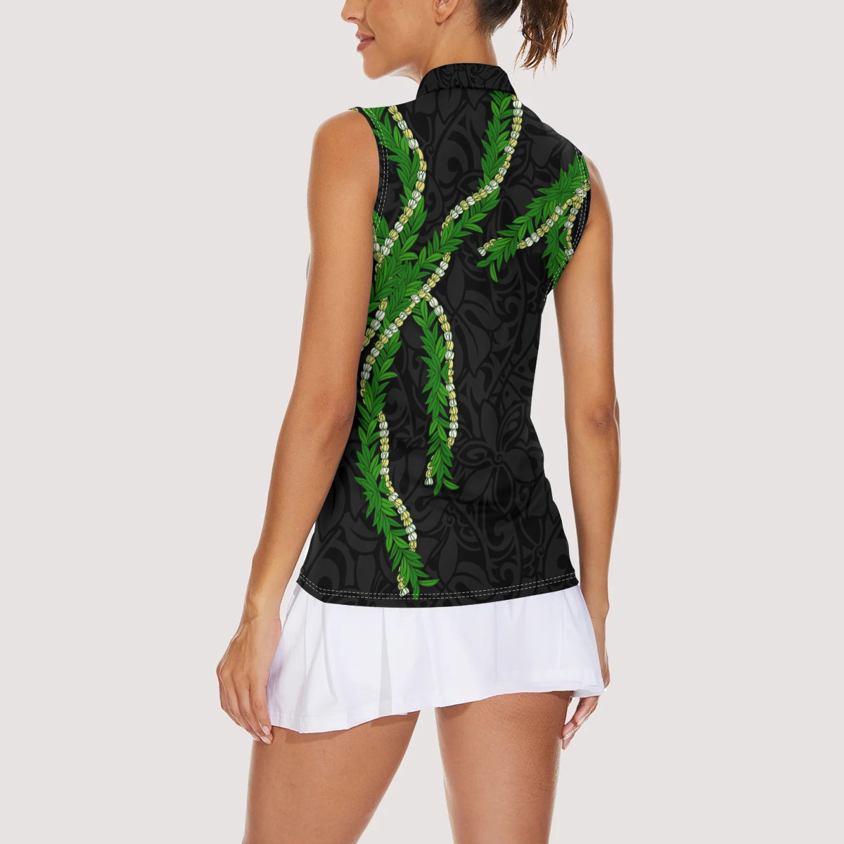 Hawaii Maile Lei Women Sleeveless Polo Shirt Aloha Black Color