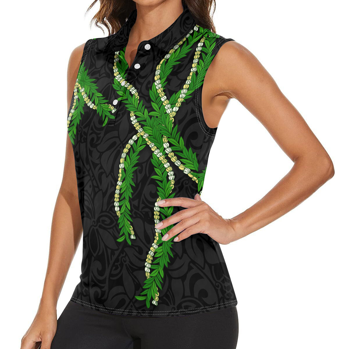 Hawaii Maile Lei Women Sleeveless Polo Shirt Aloha Black Color