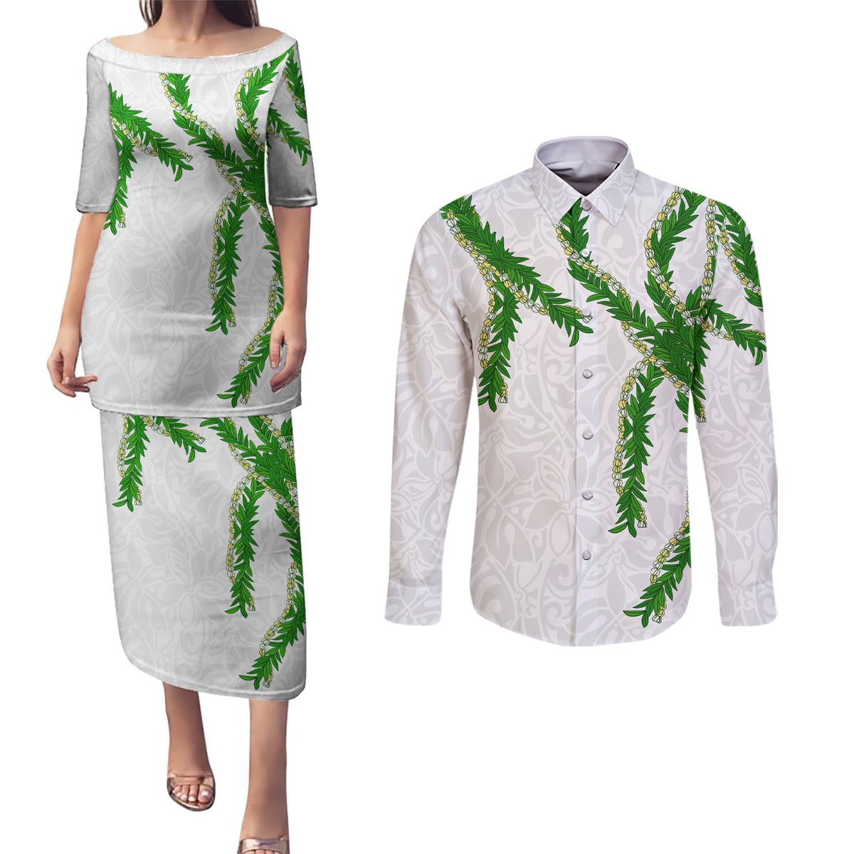 Hawaii Maile Lei Couples Matching Puletasi and Long Sleeve Button Shirt Aloha White Color