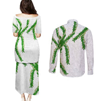 Hawaii Maile Lei Couples Matching Puletasi and Long Sleeve Button Shirt Aloha White Color