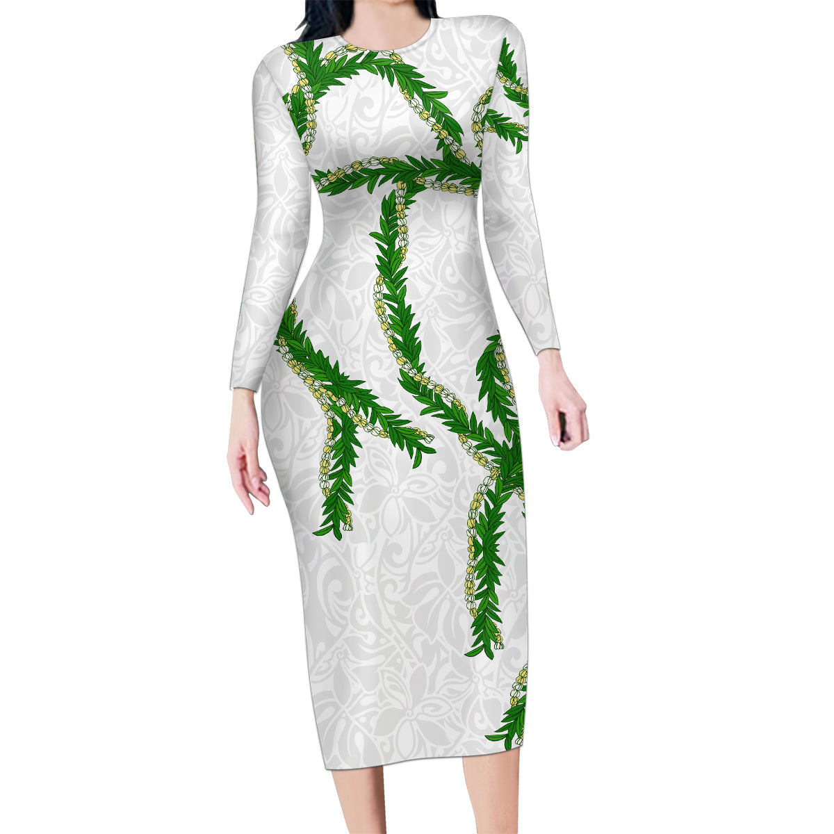 Hawaii Maile Lei Family Matching Long Sleeve Bodycon Dress and Hawaiian Shirt Aloha White Color