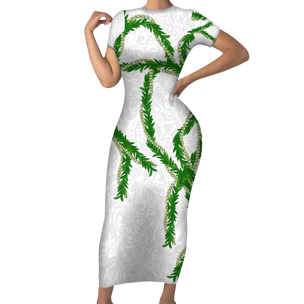 Hawaii Maile Lei Short Sleeve Bodycon Dress Aloha White Color