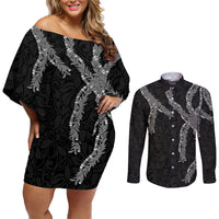 Hawaii Maile Lei Couples Matching Off Shoulder Short Dress and Long Sleeve Button Shirt Aloha Grayscale Color