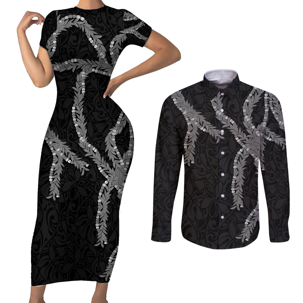 Hawaii Maile Lei Couples Matching Short Sleeve Bodycon Dress and Long Sleeve Button Shirt Aloha Grayscale Color