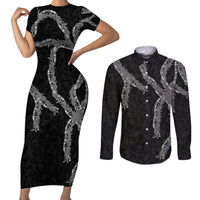 Hawaii Maile Lei Couples Matching Short Sleeve Bodycon Dress and Long Sleeve Button Shirt Aloha Grayscale Color