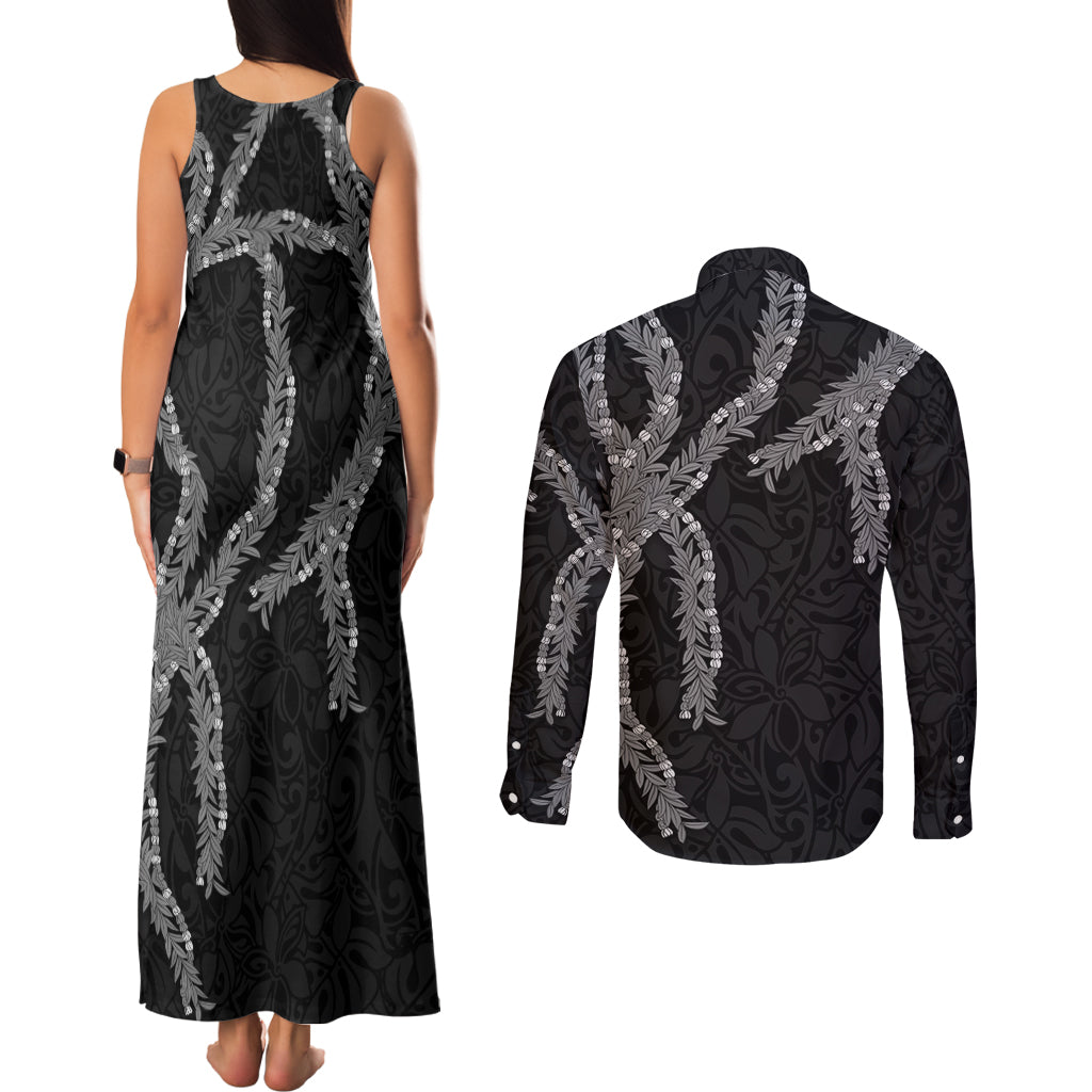 Hawaii Maile Lei Couples Matching Tank Maxi Dress and Long Sleeve Button Shirt Aloha Grayscale Color
