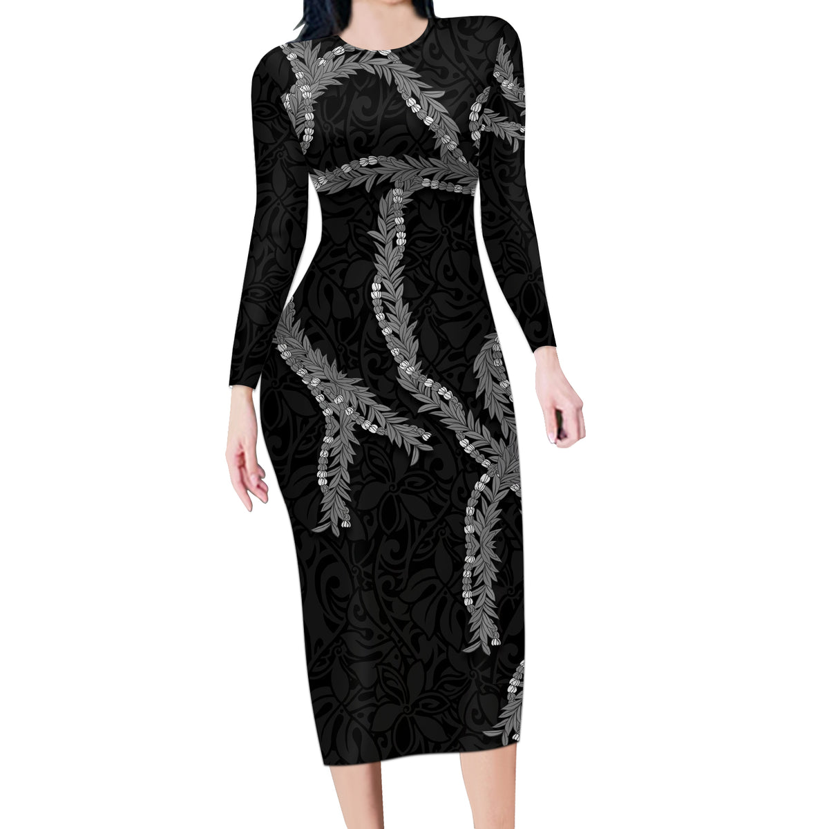 Hawaii Maile Lei Long Sleeve Bodycon Dress Aloha Grayscale Color