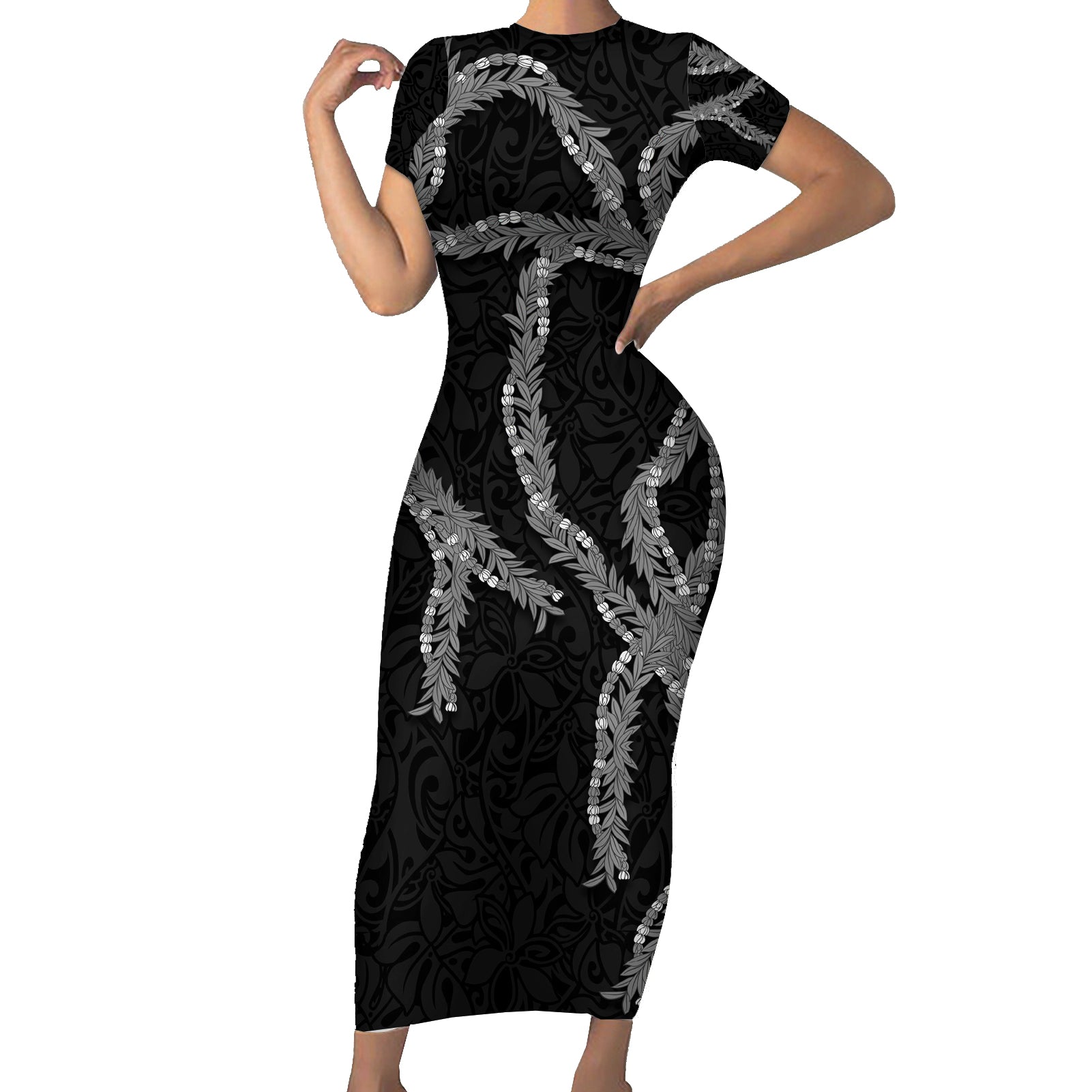 Hawaii Maile Lei Short Sleeve Bodycon Dress Aloha Grayscale Color