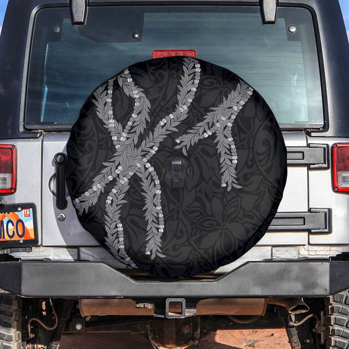 Hawaii Maile Lei Spare Tire Cover Aloha Grayscale Color