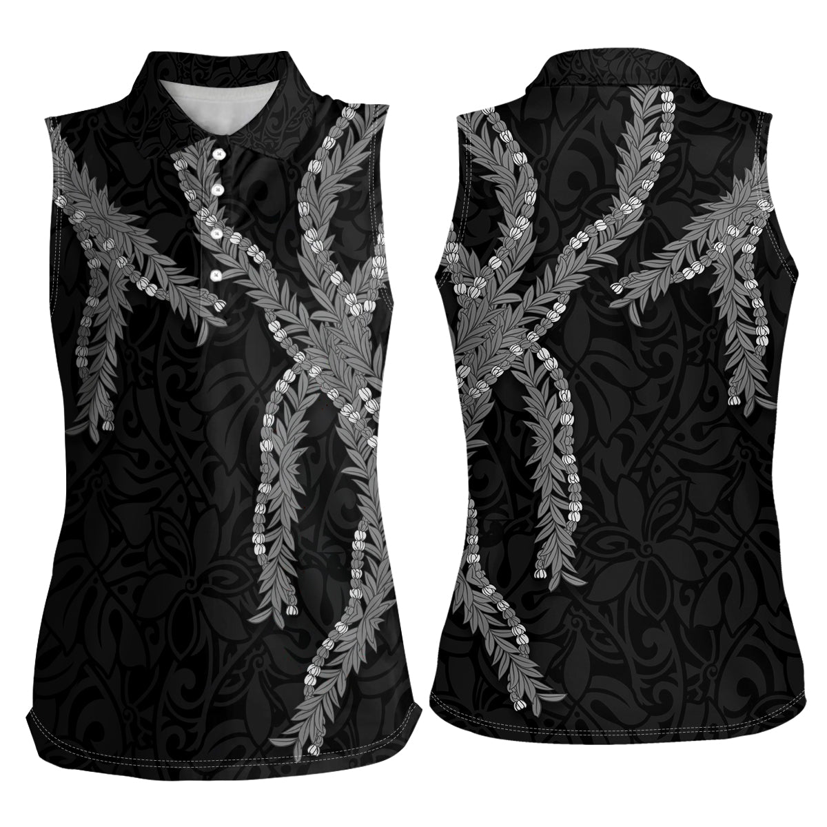 Hawaii Maile Lei Women Sleeveless Polo Shirt Aloha Grayscale Color