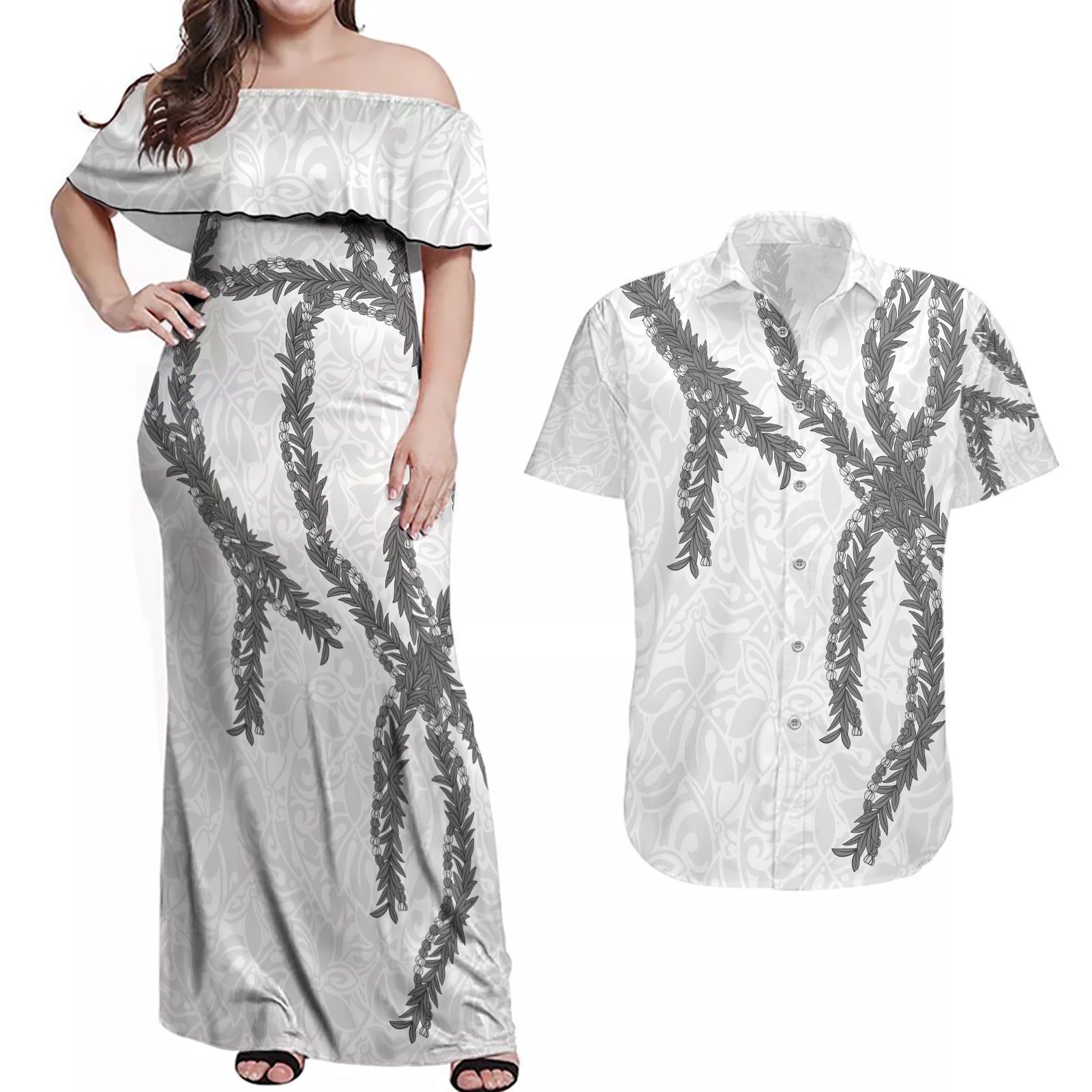 Hawaii Maile Lei Couples Matching Off Shoulder Maxi Dress and Hawaiian Shirt Aloha The Grey Color