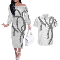Hawaii Maile Lei Couples Matching Off The Shoulder Long Sleeve Dress and Hawaiian Shirt Aloha The Grey Color