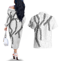 Hawaii Maile Lei Couples Matching Off The Shoulder Long Sleeve Dress and Hawaiian Shirt Aloha The Grey Color