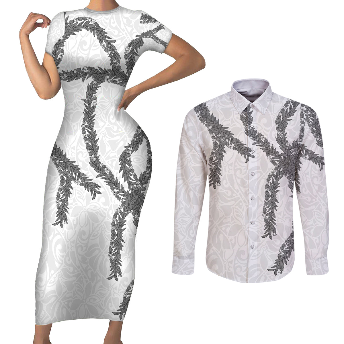 Hawaii Maile Lei Couples Matching Short Sleeve Bodycon Dress and Long Sleeve Button Shirt Aloha The Grey Color LT03 Grey - Polynesian Pride