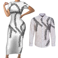 Hawaii Maile Lei Couples Matching Short Sleeve Bodycon Dress and Long Sleeve Button Shirt Aloha The Grey Color LT03 Grey - Polynesian Pride