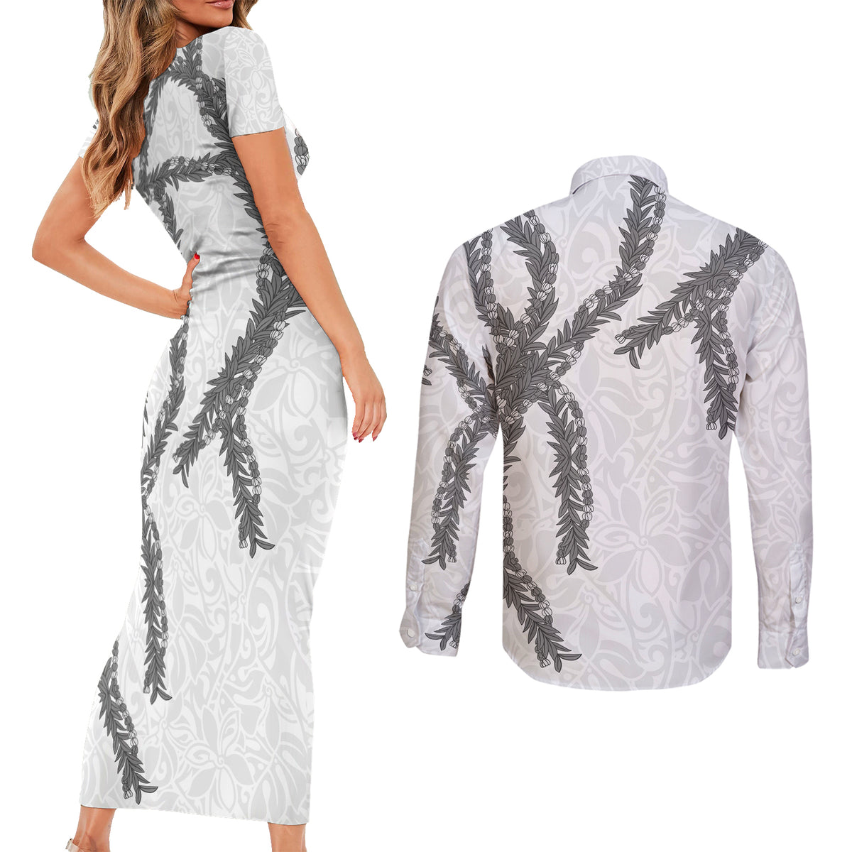 Hawaii Maile Lei Couples Matching Short Sleeve Bodycon Dress and Long Sleeve Button Shirt Aloha The Grey Color LT03 - Polynesian Pride
