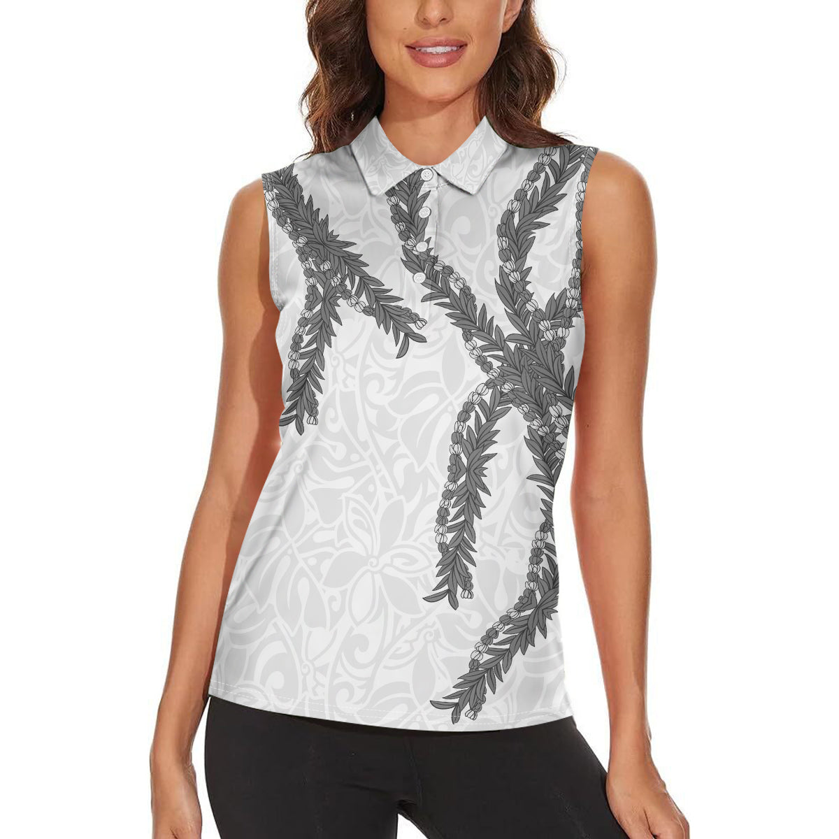 Hawaii Maile Lei Women Sleeveless Polo Shirt Aloha The Grey Color