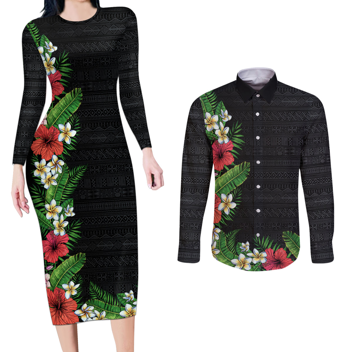 Hawaii Tropical Flowers and Leaves Couples Matching Long Sleeve Bodycon Dress and Long Sleeve Button Shirt Tapa Pattern Colorful Mode