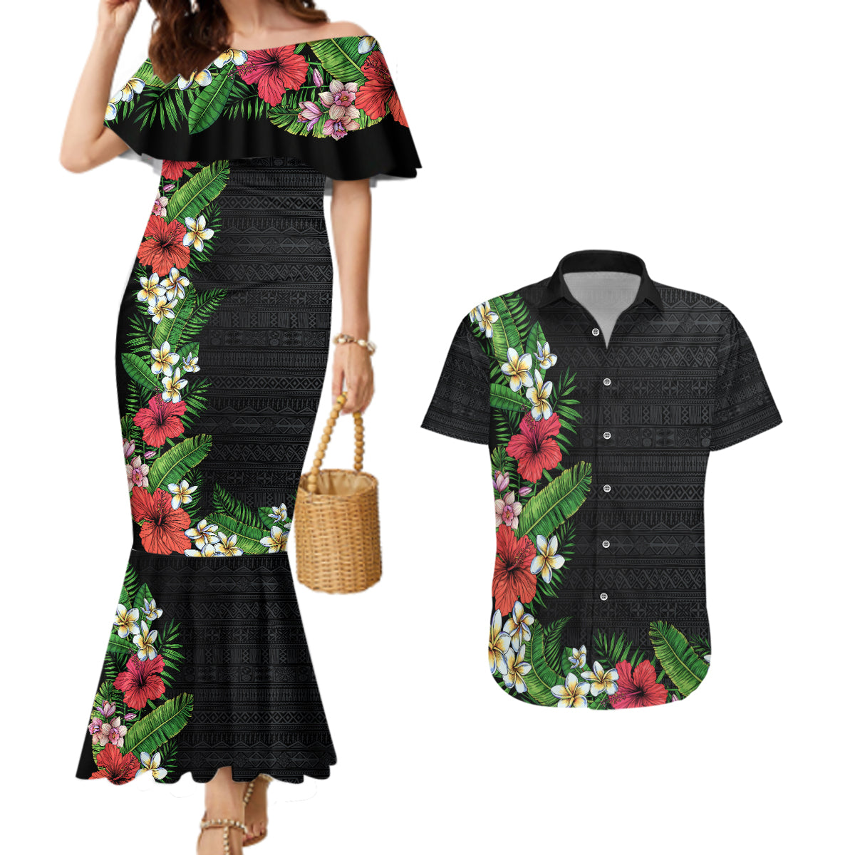 Hawaii Tropical Flowers and Leaves Couples Matching Mermaid Dress and Hawaiian Shirt Tapa Pattern Colorful Mode
