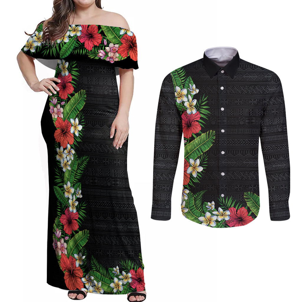 Hawaii Tropical Flowers and Leaves Couples Matching Off Shoulder Maxi Dress and Long Sleeve Button Shirt Tapa Pattern Colorful Mode