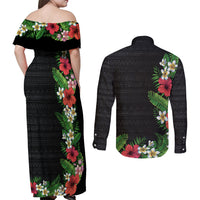 Hawaii Tropical Flowers and Leaves Couples Matching Off Shoulder Maxi Dress and Long Sleeve Button Shirt Tapa Pattern Colorful Mode